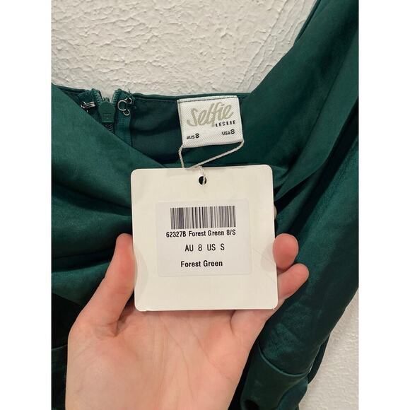 Selfie Leslie Bebe Satin Cowl Neck Mini Wrap Dress Forest Green Small NEW - Picture 5 of 5